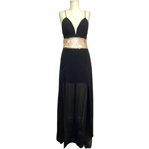 Soieblu Embellished Waist Sleeveless V-Neck Maxi Dress Black Size Large NWT - Picture 1 of 2